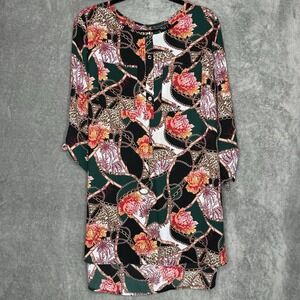 Adrianna Papell 1X Shirt Top Pink Green Floral Tab 3/4 Sleeve Henley Scoop Neck